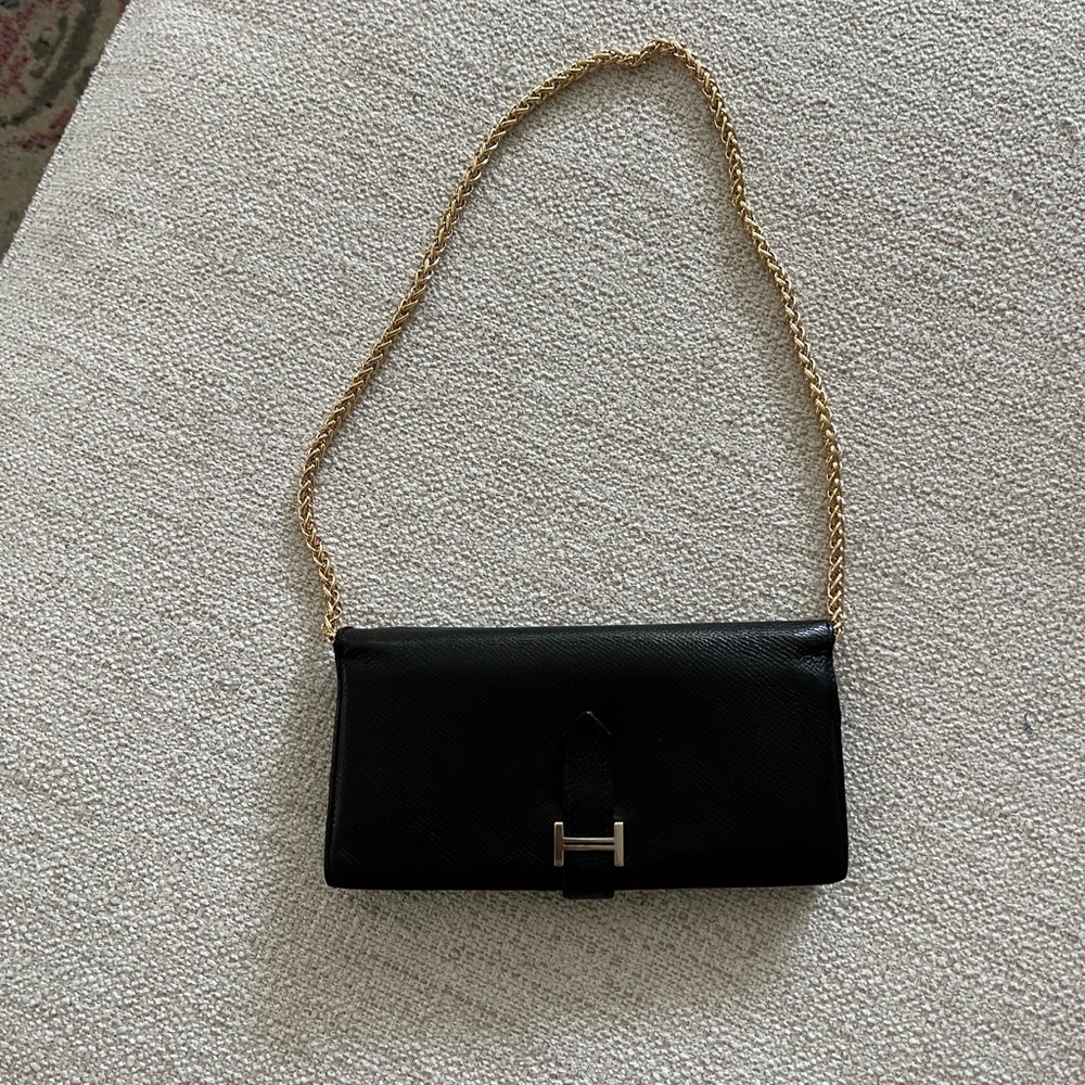 HERMES Bearn Souffle Long Wallet Veau Epsom Leather Black Purse two way